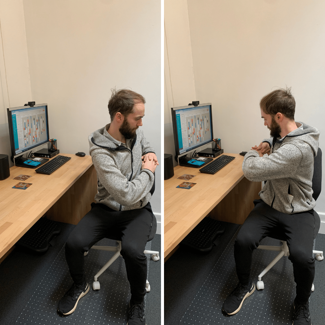 Seated rotational stretch at a desk